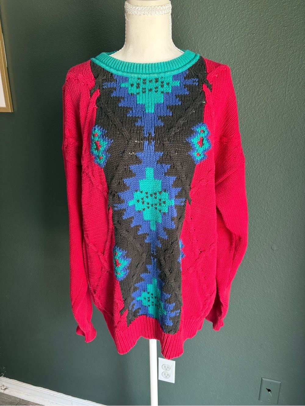 VTG GANT Hand Knit Oversized Christmas Sweater Red Green Cotton Size L
